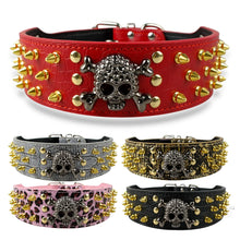 Load image into Gallery viewer, 2&quot; Wide Spiked Studded Leather Dog Collar Bullet Rivets With Cool Skull