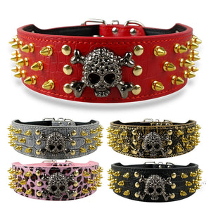 2" Wide Spiked Studded Leather Dog Collar Bullet Rivets With Cool Skull