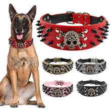 Load image into Gallery viewer, 2&quot; Wide Spiked Studded Leather Dog Collar Bullet Rivets With Cool Skull