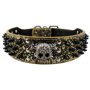 2" Wide Spiked Studded Leather Dog Collar Bullet Rivets With Cool Skull